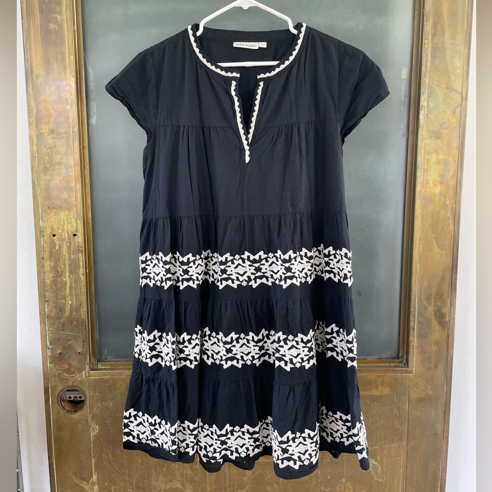 Roller Rabbit Black White Embroidered Tiered Cotton Mini Dress Size M